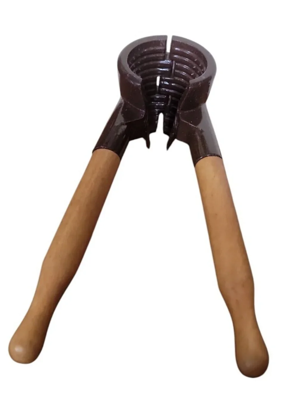 Heavy Duty Nut Cracker Vintage Brown Metal with Wooden Handles 7